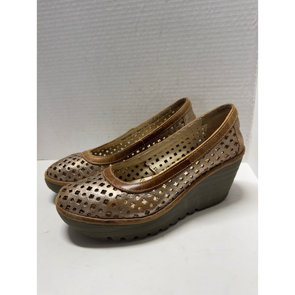 Fly London Yasi Perforated Metallic Bronze Leather Wedge Pumps Size 37 7
